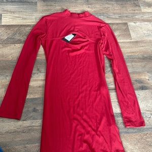 tight bodycon dress, open chest area coverage shows cleavage